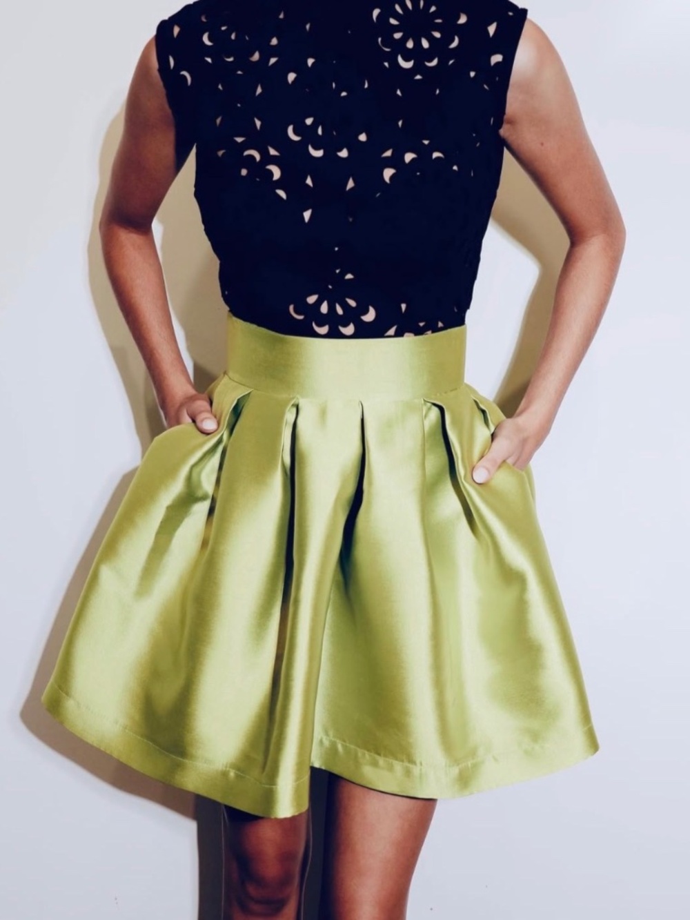 Green Mikado Skirt Pleated Mini Skirt with Pockets